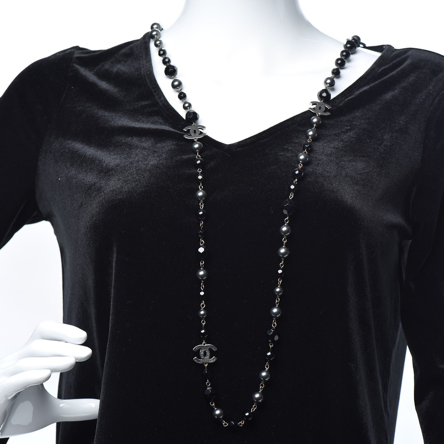 Chanel Pearl Beaded CC Long Necklace Silver Black 5 of 5