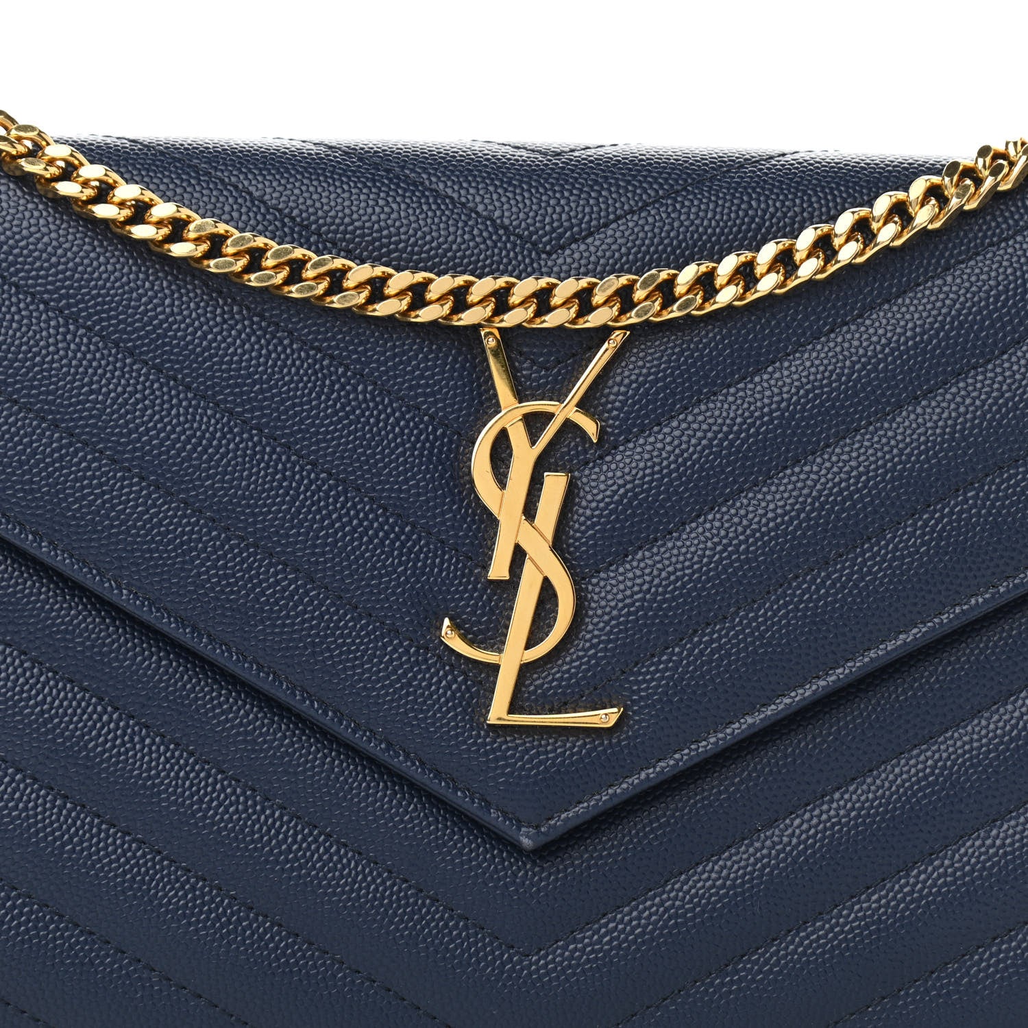 Saint Laurent Grain De Poudre Matelasse Chevron Monogram Chain Wallet Deep Marine 8 of 11