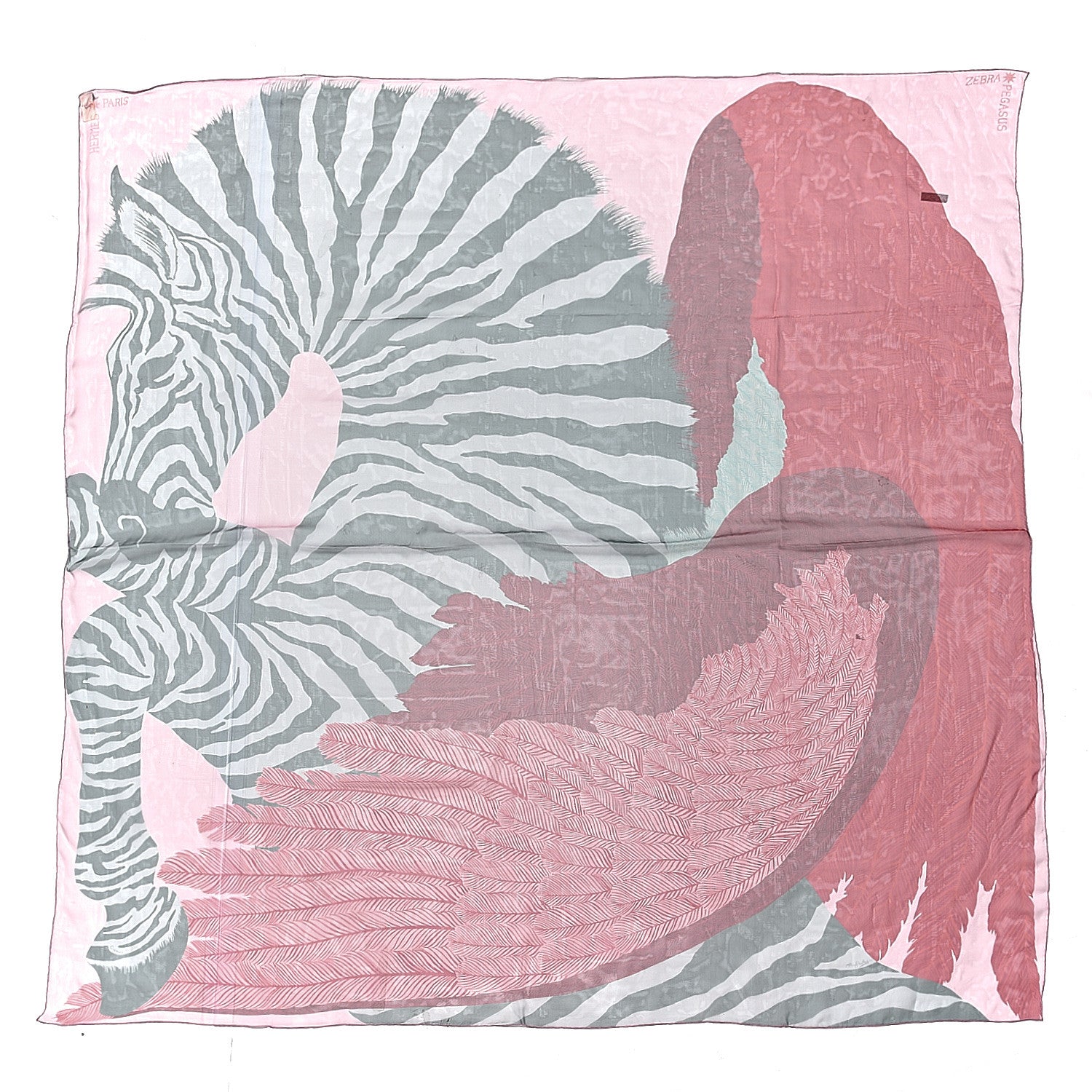 Hermes Silk Mousseline Zebra Pegasus Shawl 140 Rose Thé Rouge Vert 1 of 4