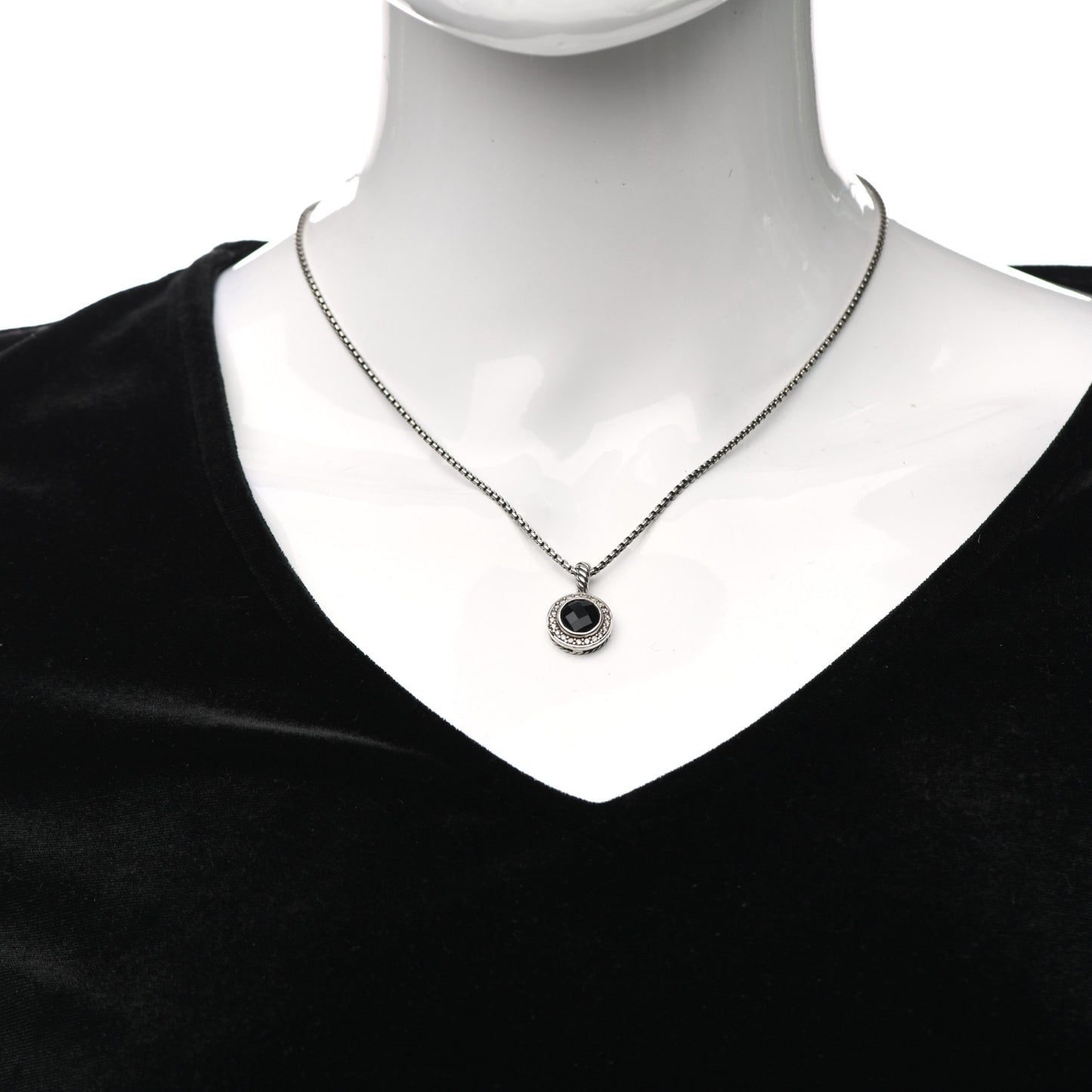 Sterling Silver Diamond Black Onyx 8mm Petite Cerise Pendant Cable Necklace
