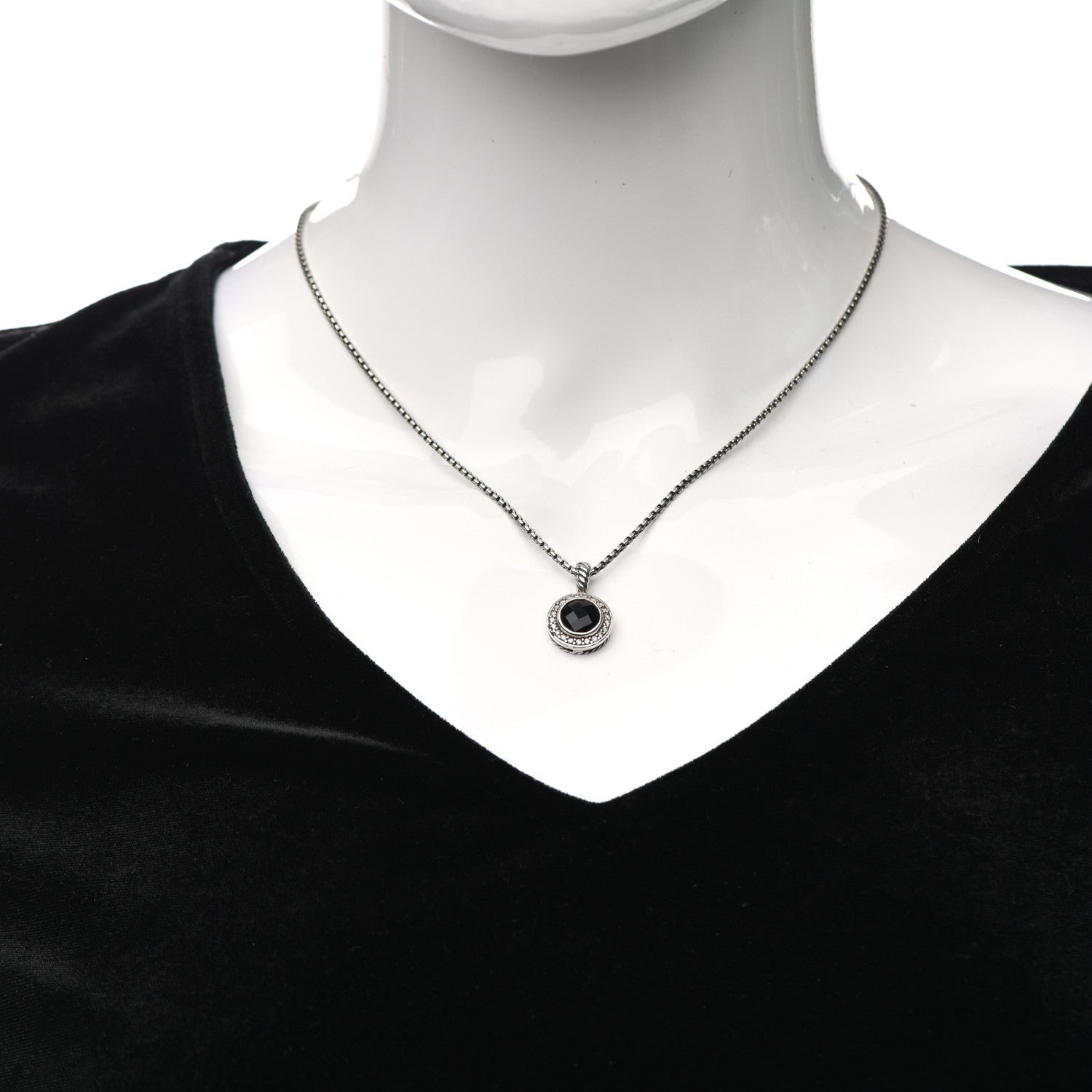 David Yurman Sterling Silver Diamond Black Onyx 8mm Petite Cerise Pendant Cable Necklace 2 of 5