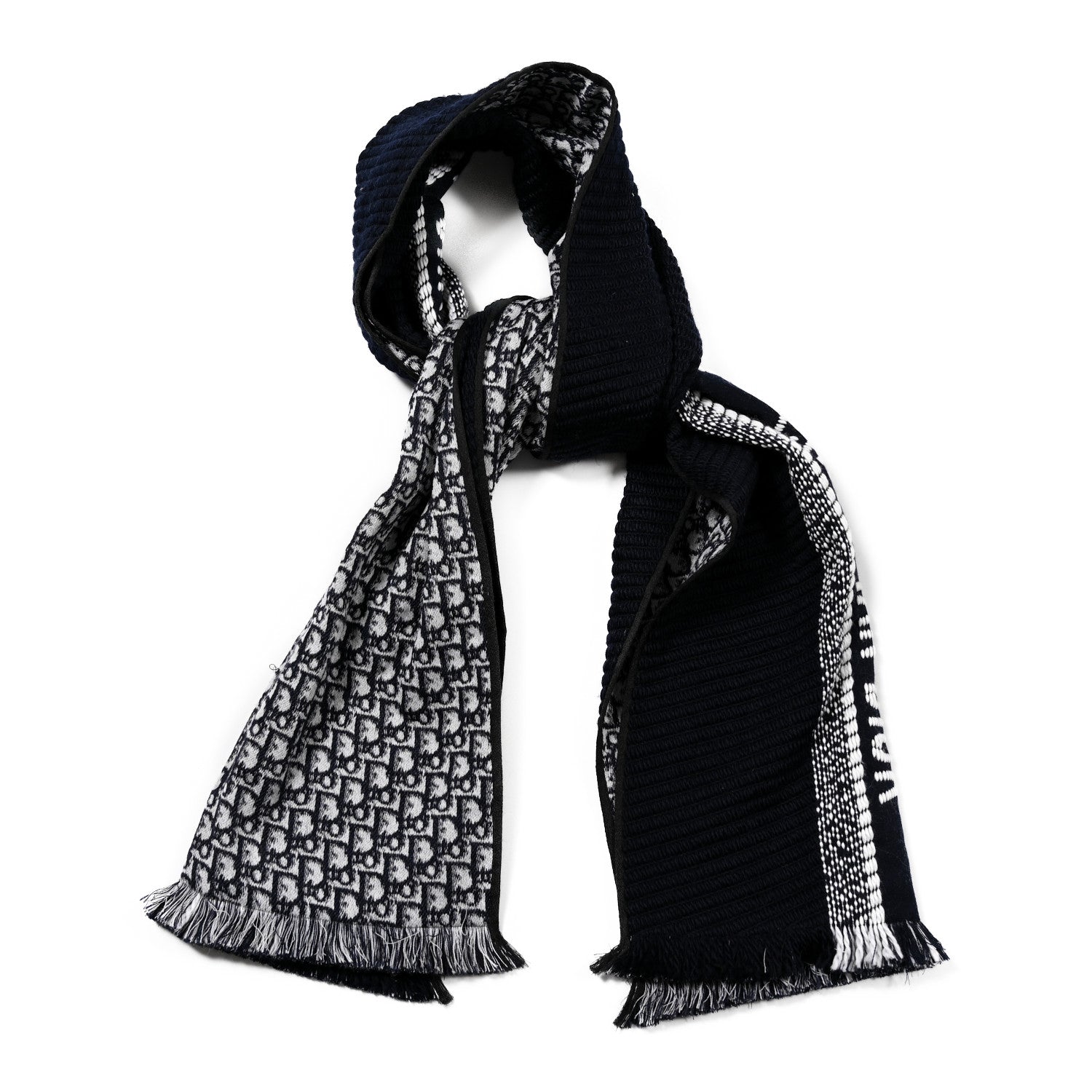 Christian Dior Wool Silk Oblique Fringed Scarf Navy Blue 1 of 3