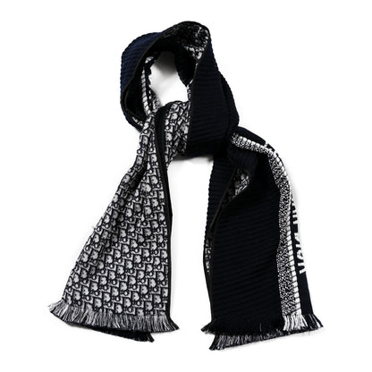 Christian Dior Wool Silk Oblique Fringed Scarf Navy Blue 1 of 3