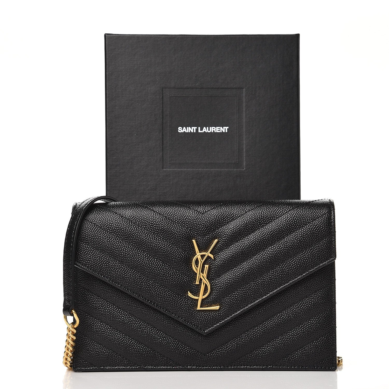 Saint Laurent Grain De Poudre Matelasse Chevron Monogram Envelope Chain Wallet Black 8 of 8