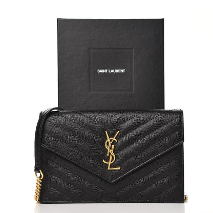Saint Laurent Grain De Poudre Matelasse Chevron Monogram Envelope Chain Wallet Black 8 of 8