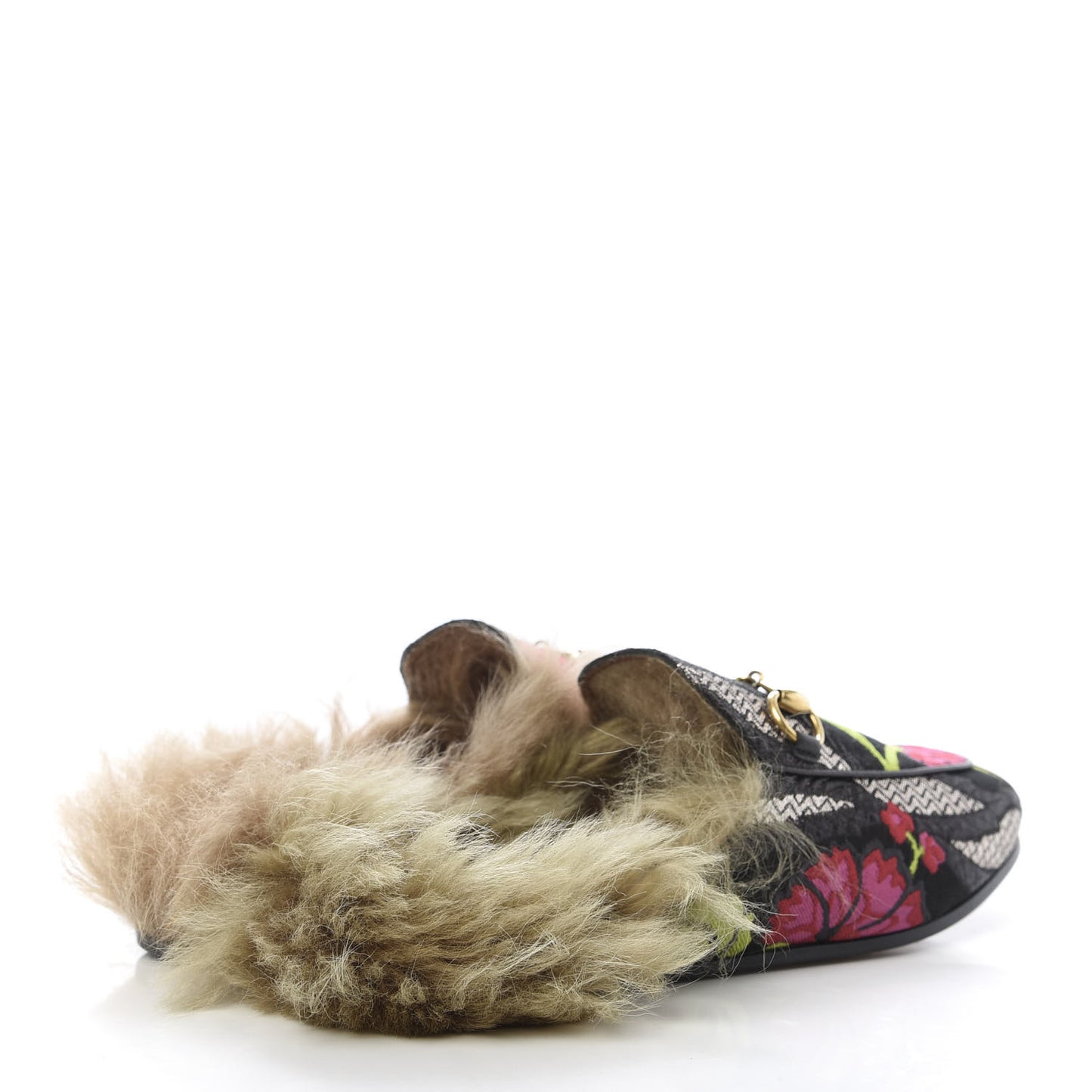 Brocade Fur Floral Womens Princetown Slippers 35 Black Anthracite