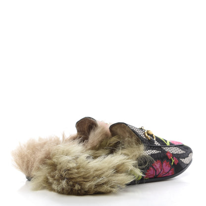 Gucci Brocade Fur Floral Womens Princetown Slippers 35 Black Anthracite 4 of 10