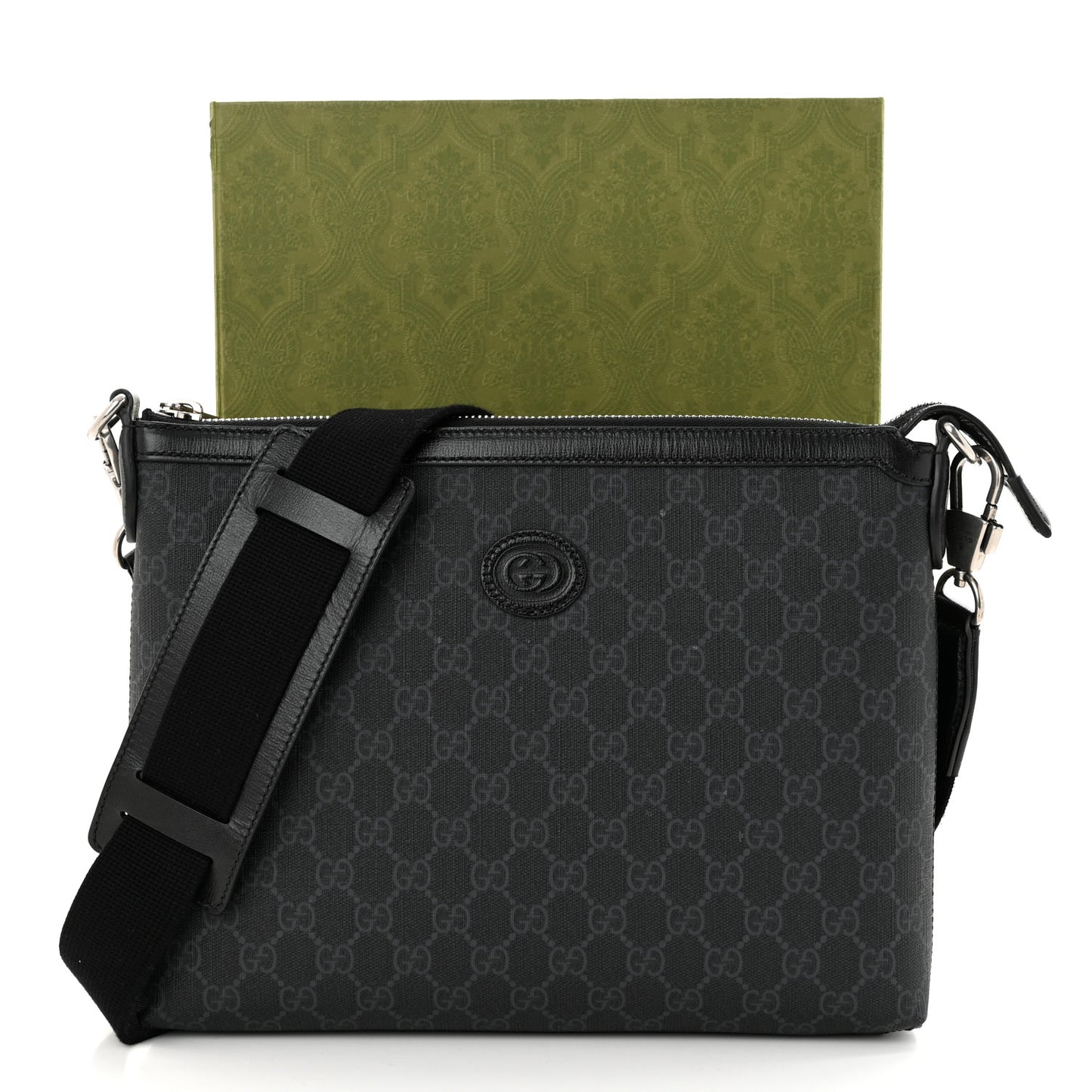 GG Supreme Monogram Azalea Calfskin Retro Interlocking G Wristlet Messenger Bag Black