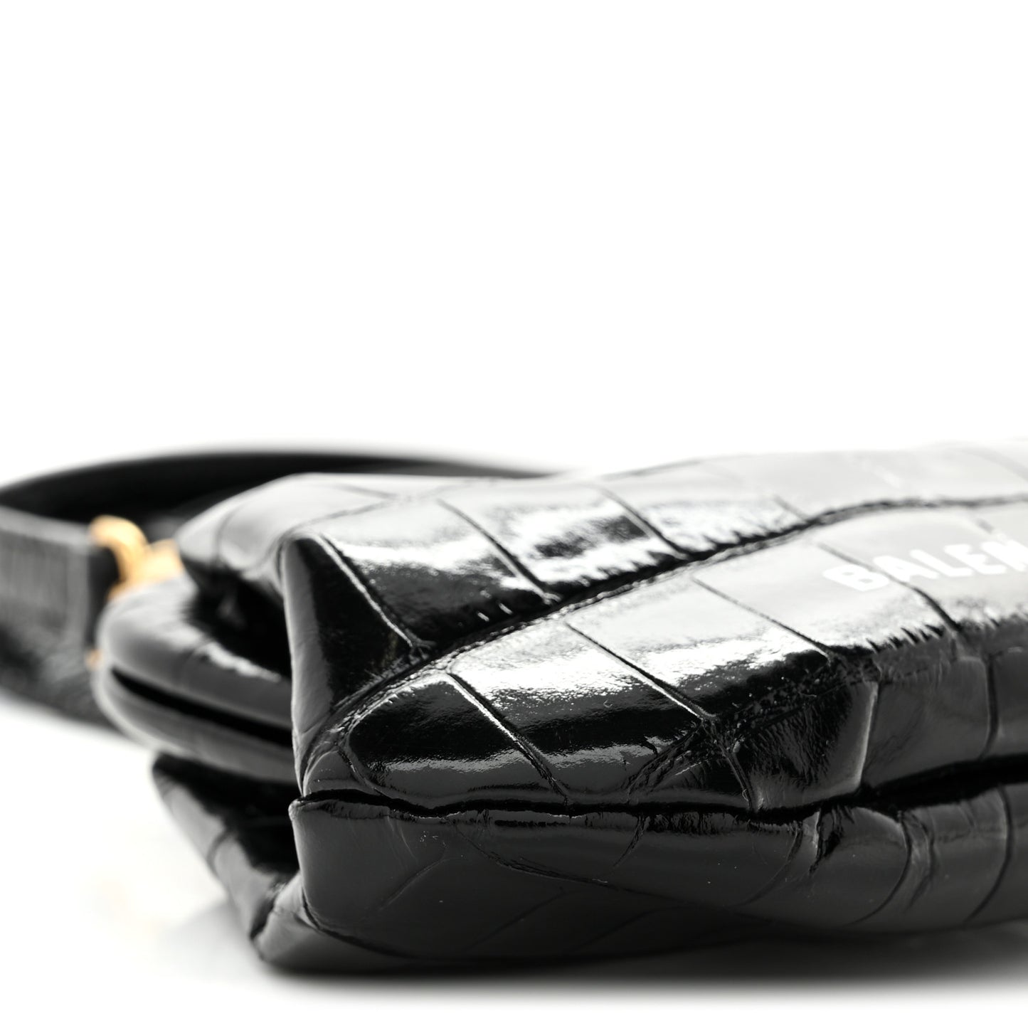 Shiny Supple Calfskin Logo Crocodile Embossed Cloud Coin Purse With Strap Black White