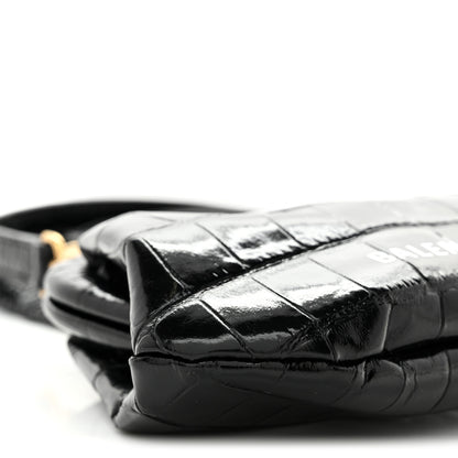 Balenciaga Shiny Supple Calfskin Logo Crocodile Embossed Cloud Coin Purse With Strap Black White 9 of 10