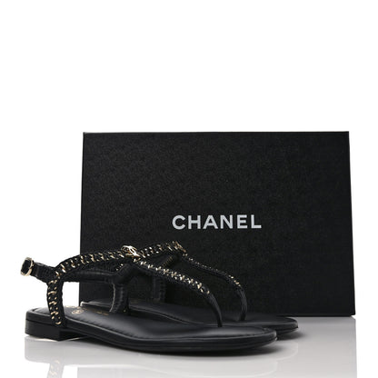 Chanel Lambskin Embroidered CC Thong Sandals 37 Black 9 of 9