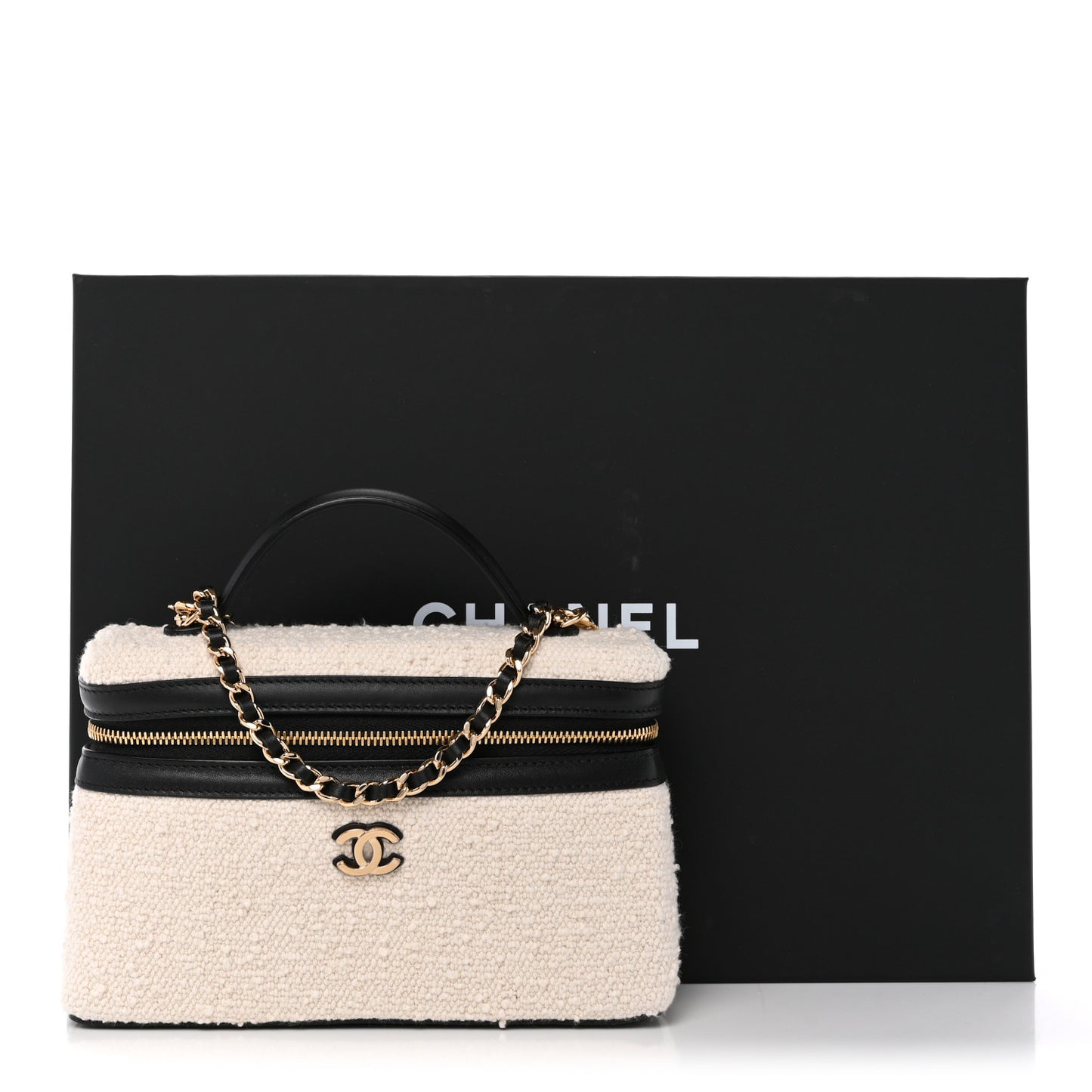 Tweed Calfskin Top Handle Slim Vanity Case With Chain Black Beige