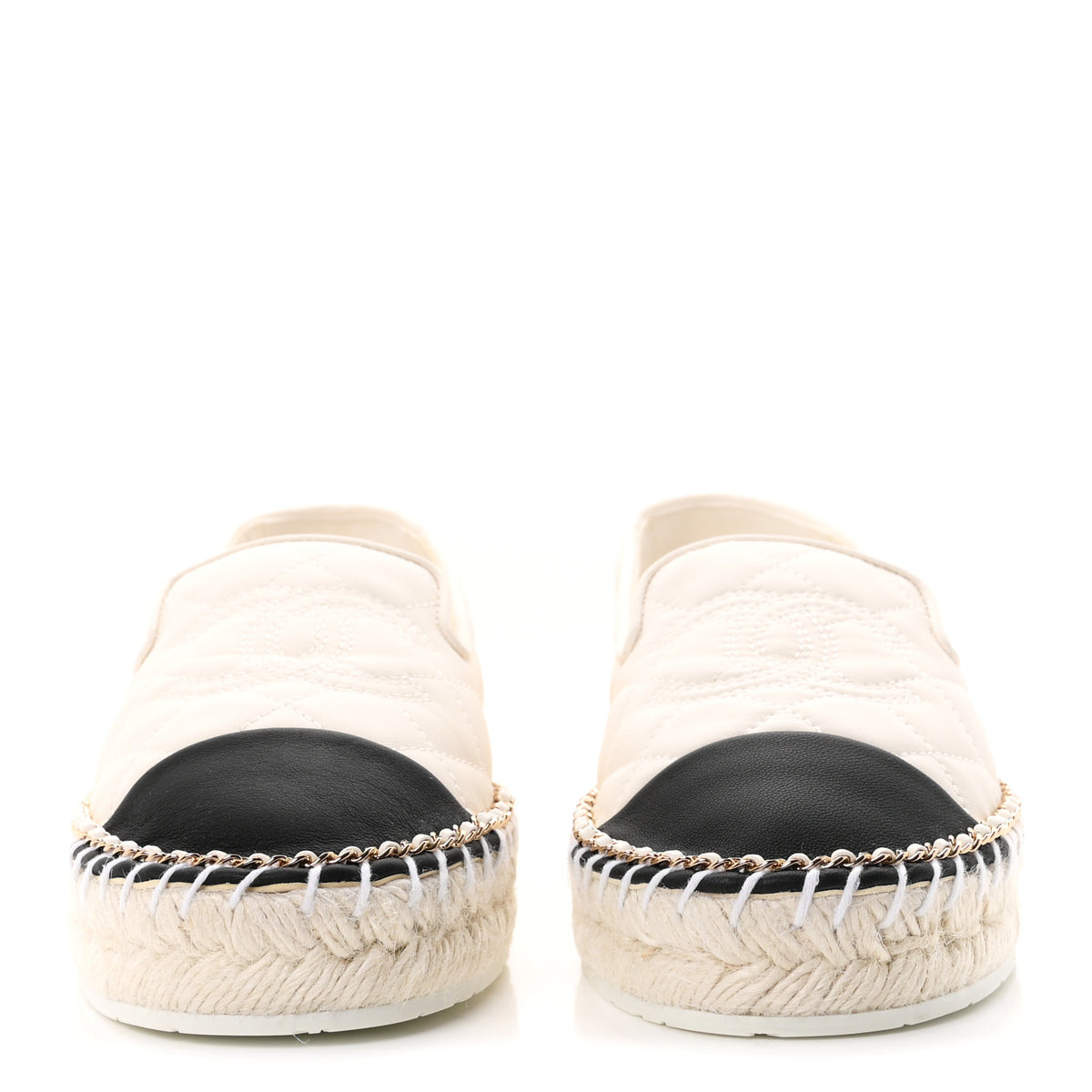 Chanel Shiny Lambskin Quilted Grosgrain Cap Toe CC Chain Espadrilles 37 White Black 3 of 10