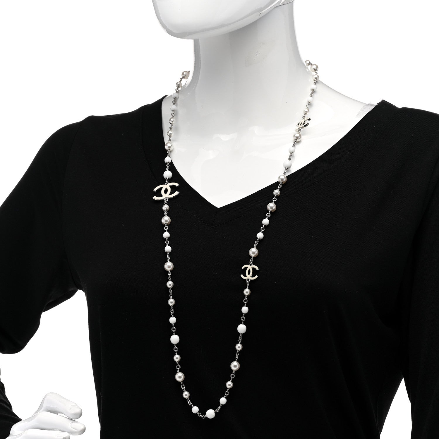 Chanel Pearl Enamel Bead CC Long Necklace Silver White 2 of 5
