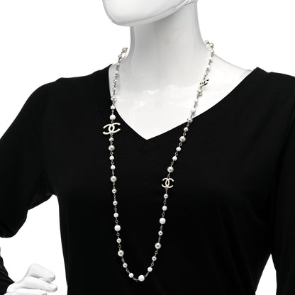 Chanel Pearl Enamel Bead CC Long Necklace Silver White 2 of 5