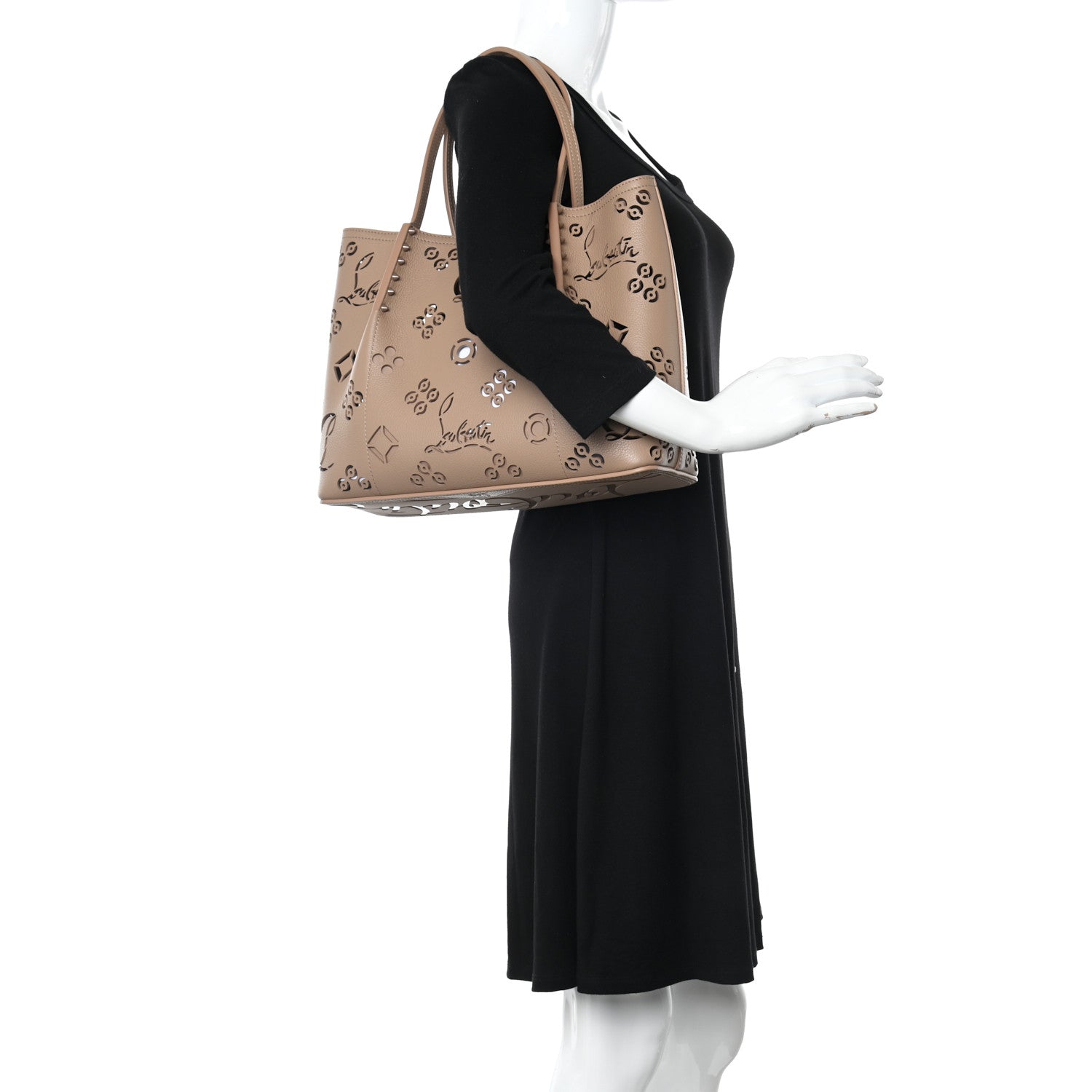 Christian Louboutin Calfskin Perforated Loubinthesky Small Cabarock Spikes Tote Beige 2 of 9