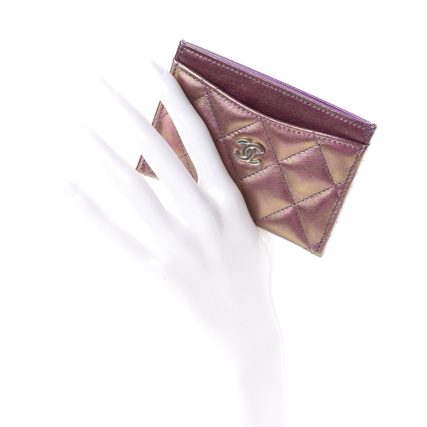 Iridescent Lambskin Quilted Card Holder Purple