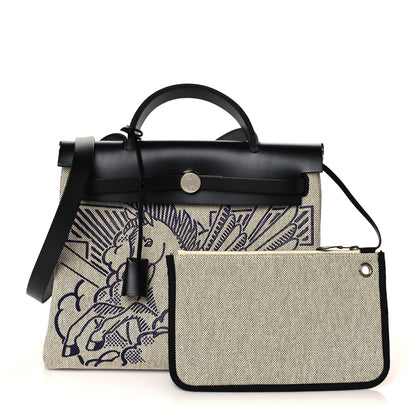 Hermes Vache Hunter Toile H Pegase Pop Herbag Zip Retourne 31 PM Bleu Indigo Ecru Black 1 of 12