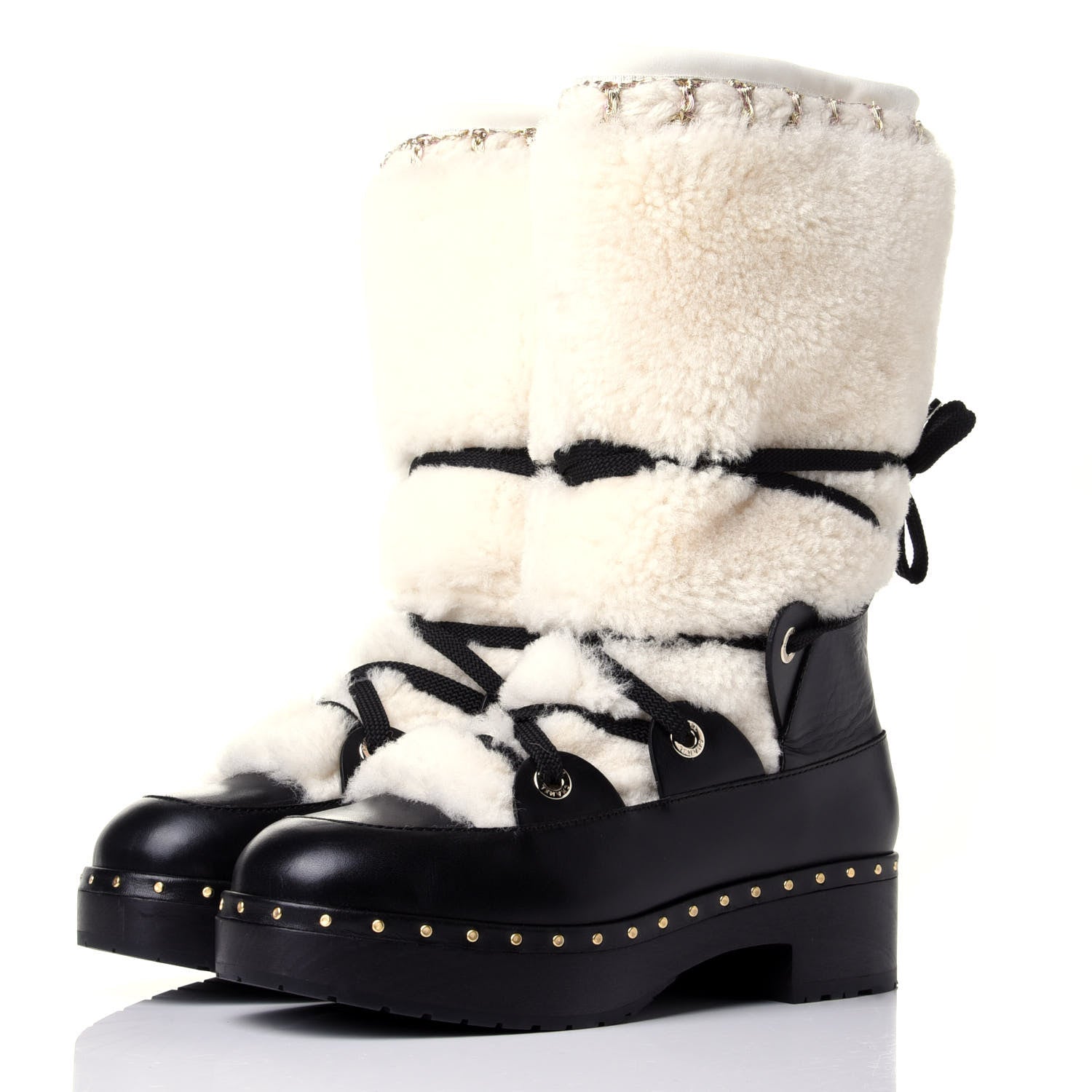 Chanel Shearling Chain Studded CC High Boot 37 Black 3 of 11