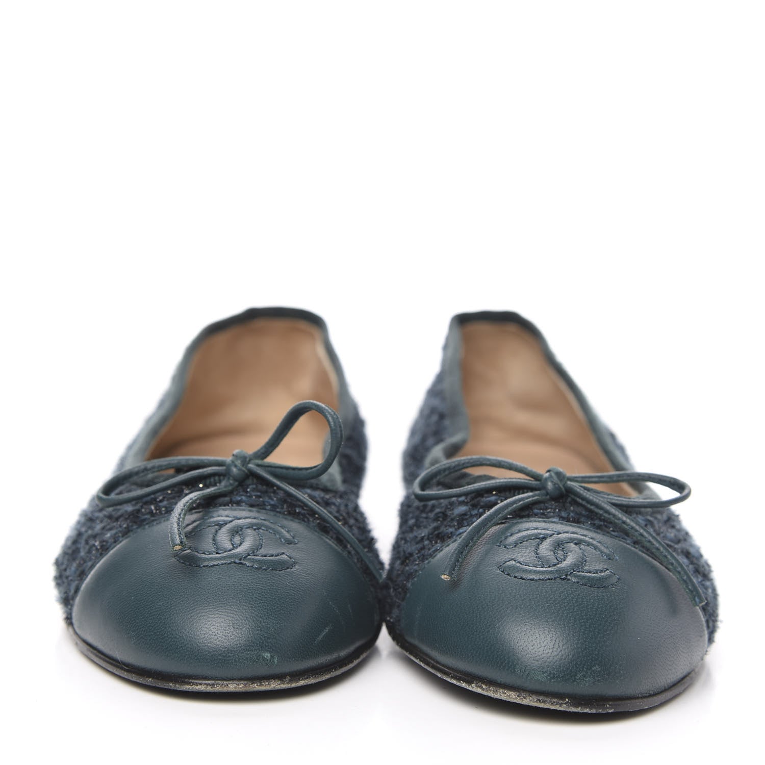 Chanel Tweed Lambskin Cap Toe Ballerina Flats 37.5 Turquoise 2 of 9