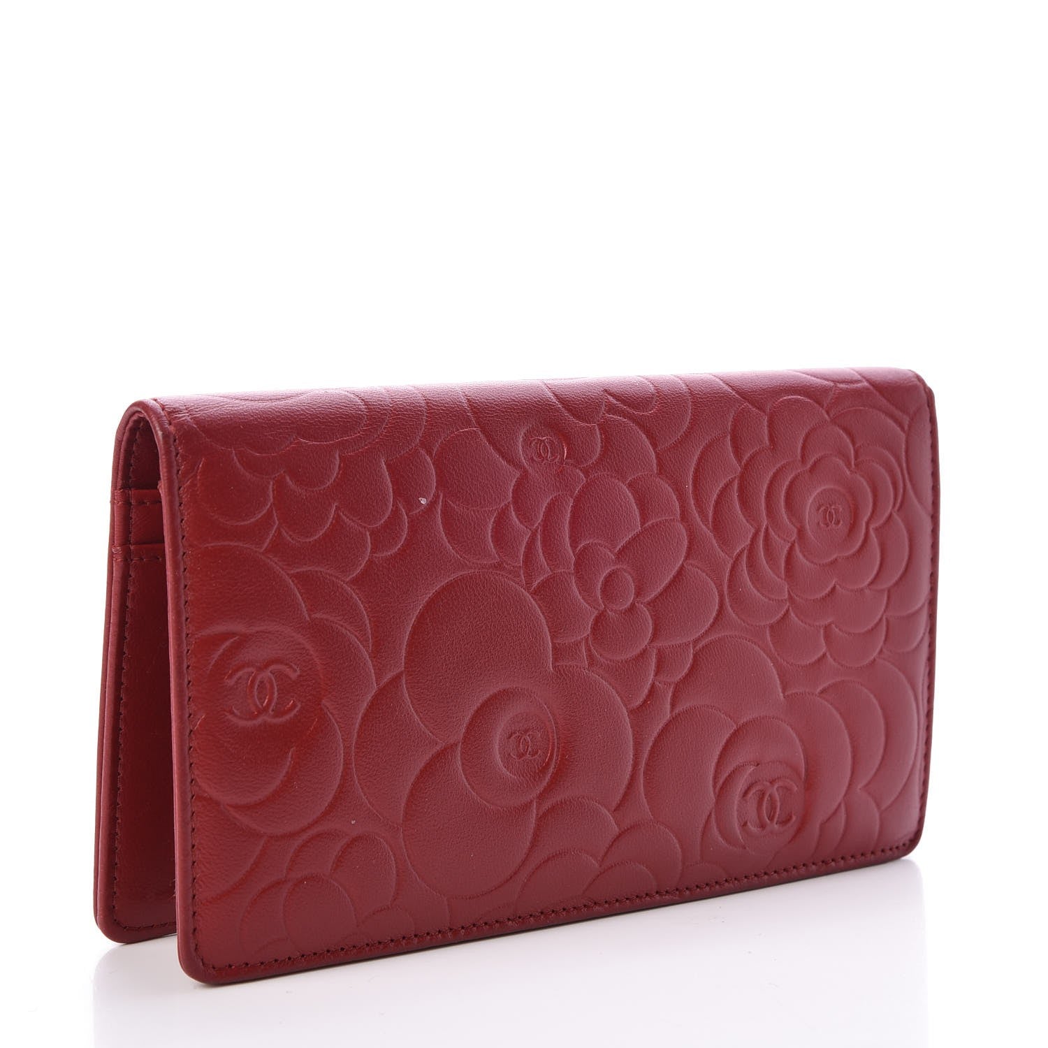 Chanel Lambskin Camellia Embossed Yen Wallet Dark Red 3 of 9