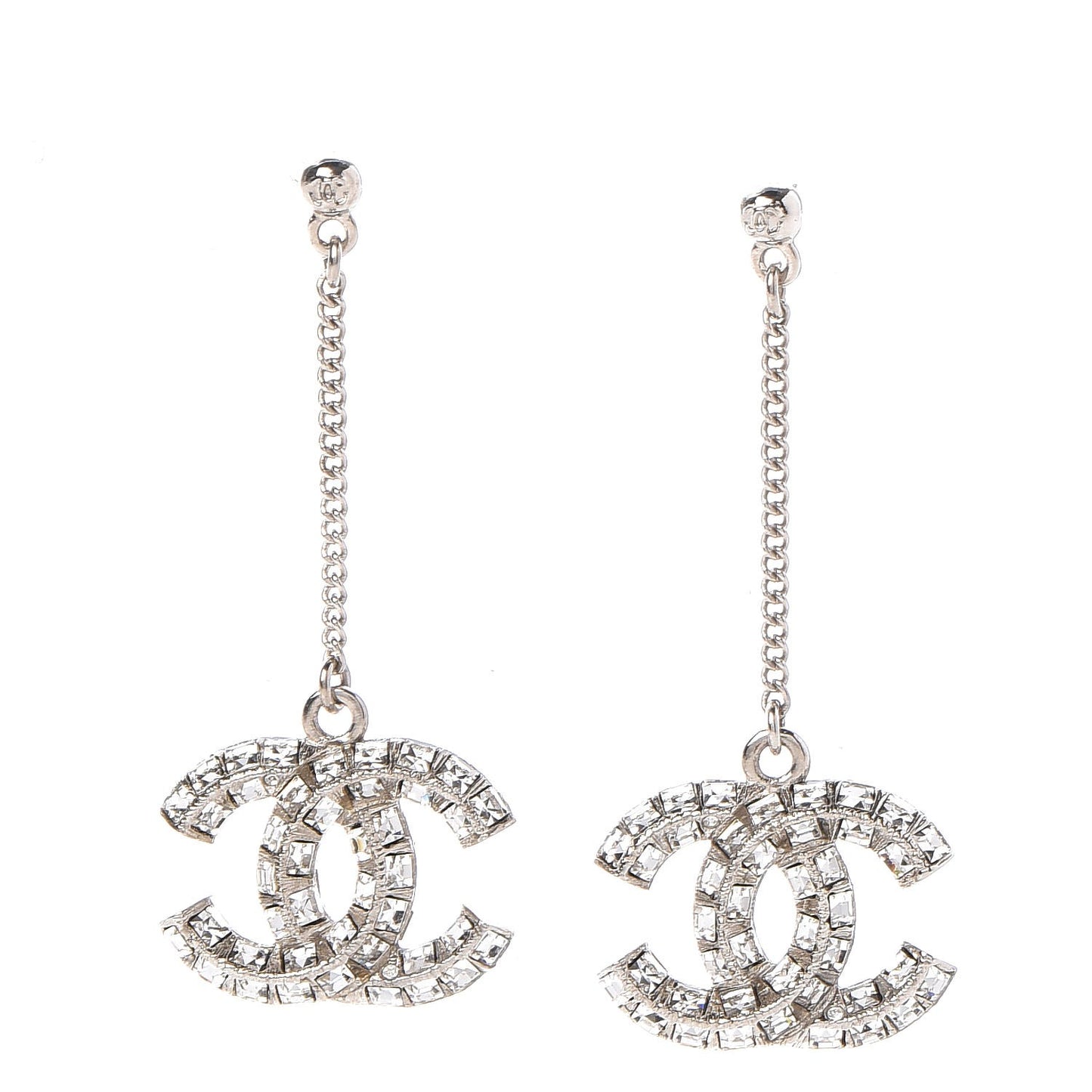 Baguette Crystal CC Drop Earrings Silver