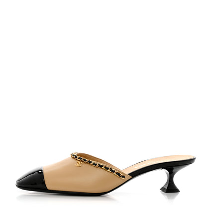 Chanel Lambskin Patent Cap Toe Chain Mule 38.5 Beige Black 1 of 9
