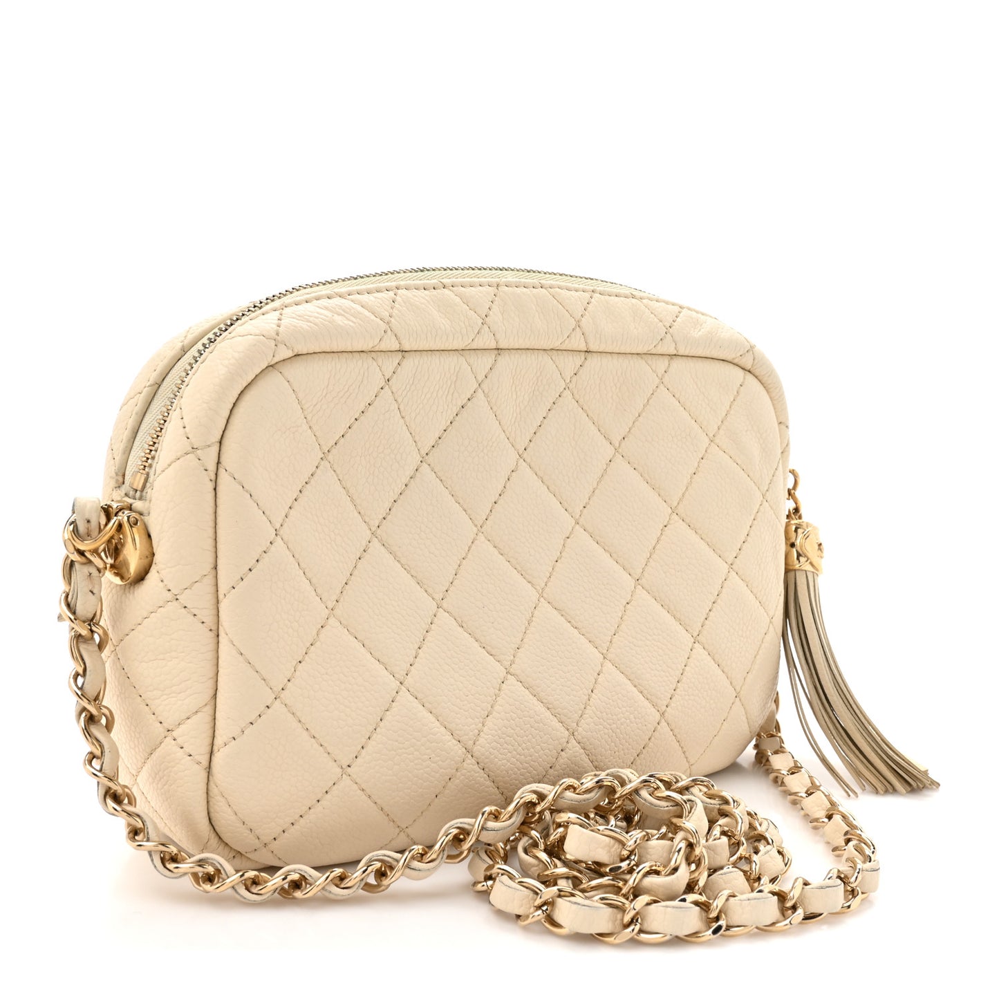 Caviar Flat Quilted Small Coco Tassel Camera Case White