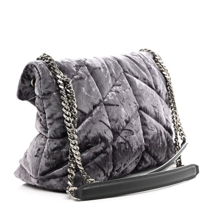 Saint Laurent Crushed Velvet Quilted Small Loulou Puffer Monogram Chain Satchel Iron Grey 3 of 11