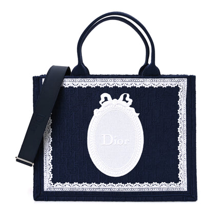 Christian Dior Cotton Toile De Jouy Oblique Embroidered Dior Medaillon Medium Book Tote With Strap Blue White 1 of 10