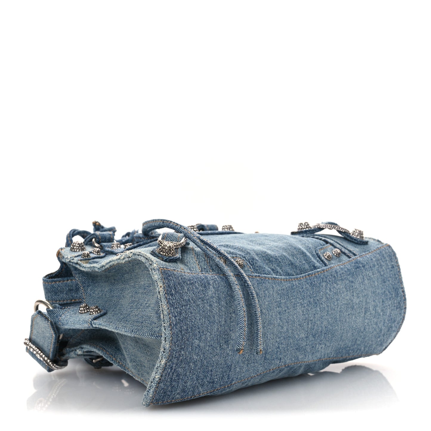 Washed Frayed Denim Crystal Neo Cagole Handbag XS Blue