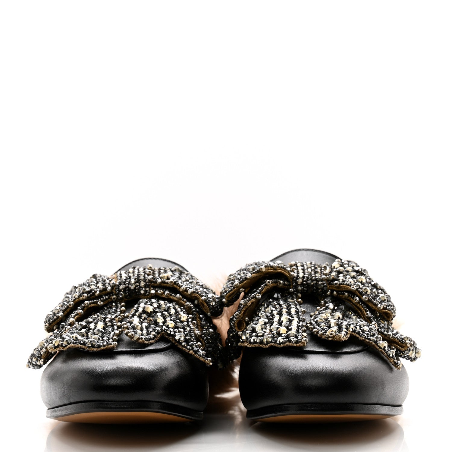 Gucci Malaga Kid Fur Crystal Bow Embroidered Womens Princetown Slippers 37.5 Black 2 of 8