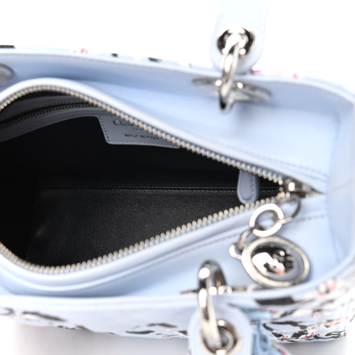 Lambskin Cannage Floral Printed Medium Lady Dior Light Blue
