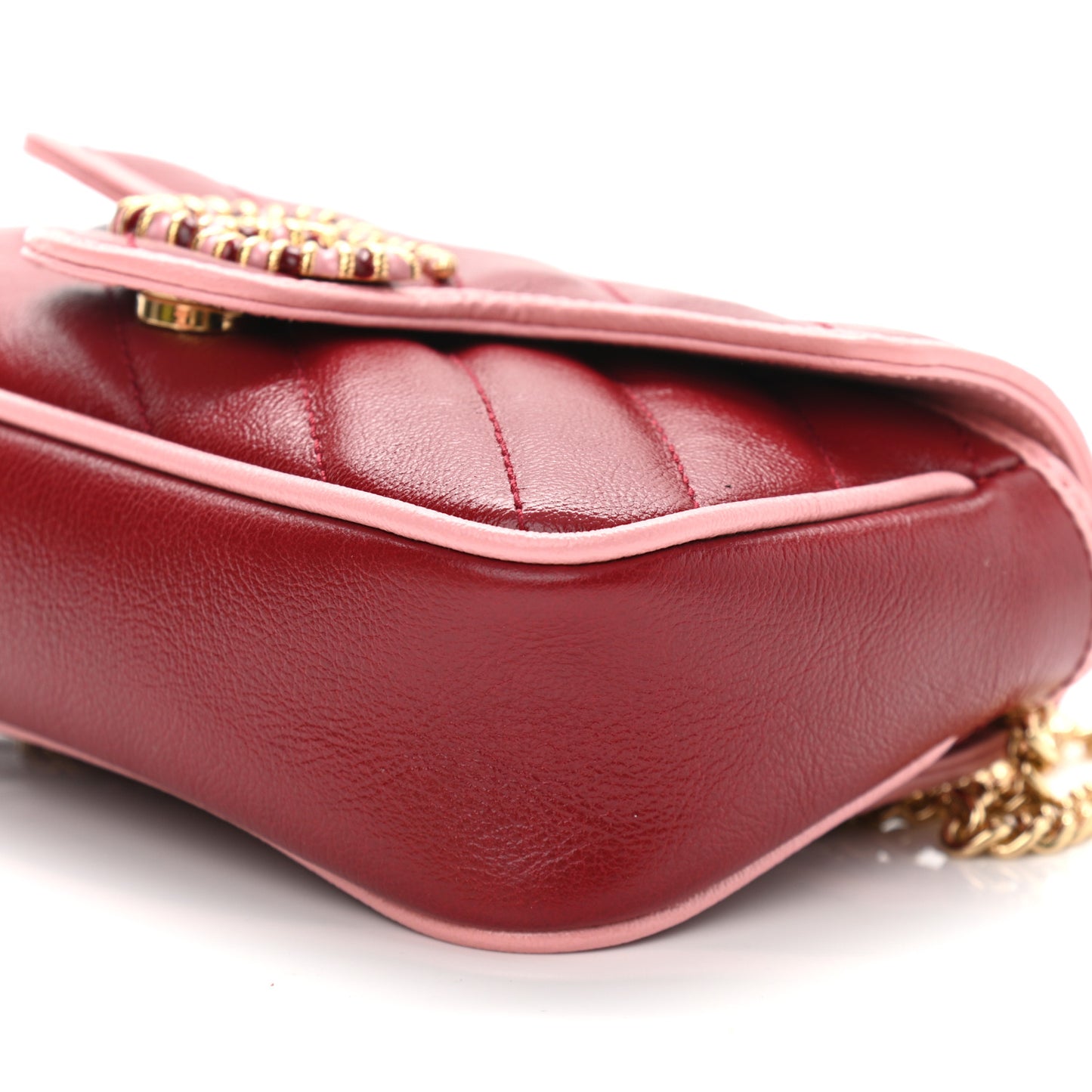 Azalea Calfskin Enamel Matelasse Diagonal Super Mini Torchon GG Marmont Shoulder Bag New Cherry Red Wild Rose