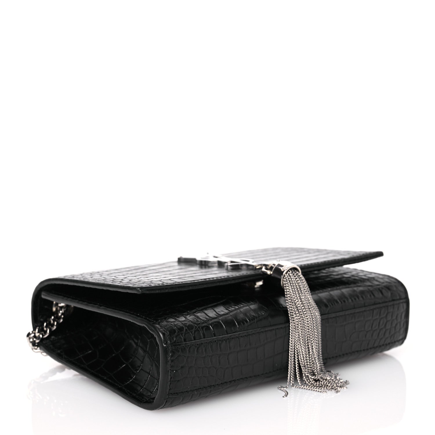 Saint Laurent Calfskin Crocodile Embossed Small Classic Monogram Kate Tassel Satchel Black 4 of 12