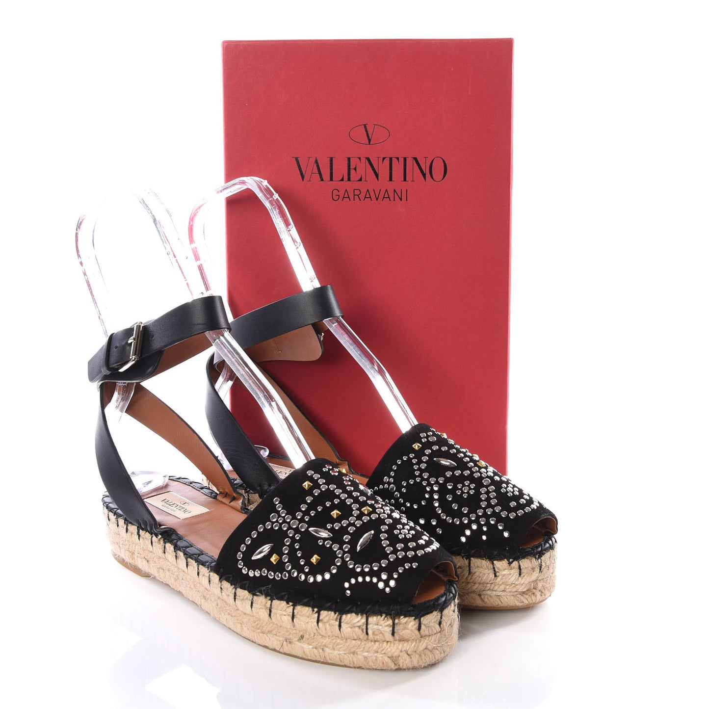 Suede Studded Peep Toe Ankle Wrap Flatform Espadrilles 38 Black