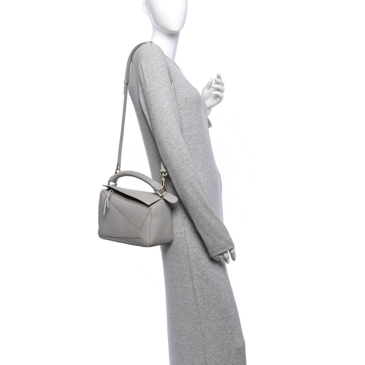 Calfskin Small Woven Puzzle Bag  Shell Grey