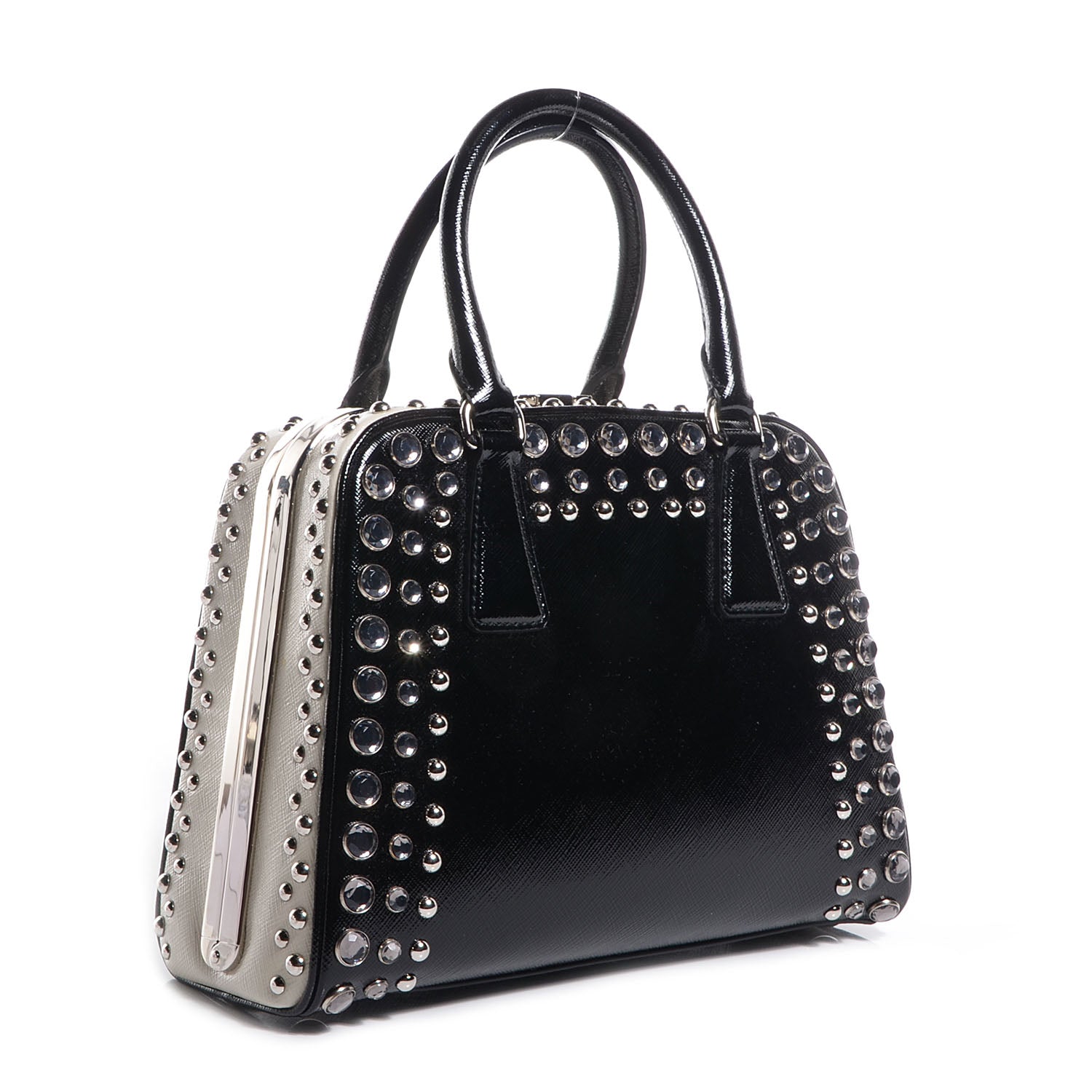 Prada Saffiano Vernice Small Crystal Pyramid Bag Black 3 of 10