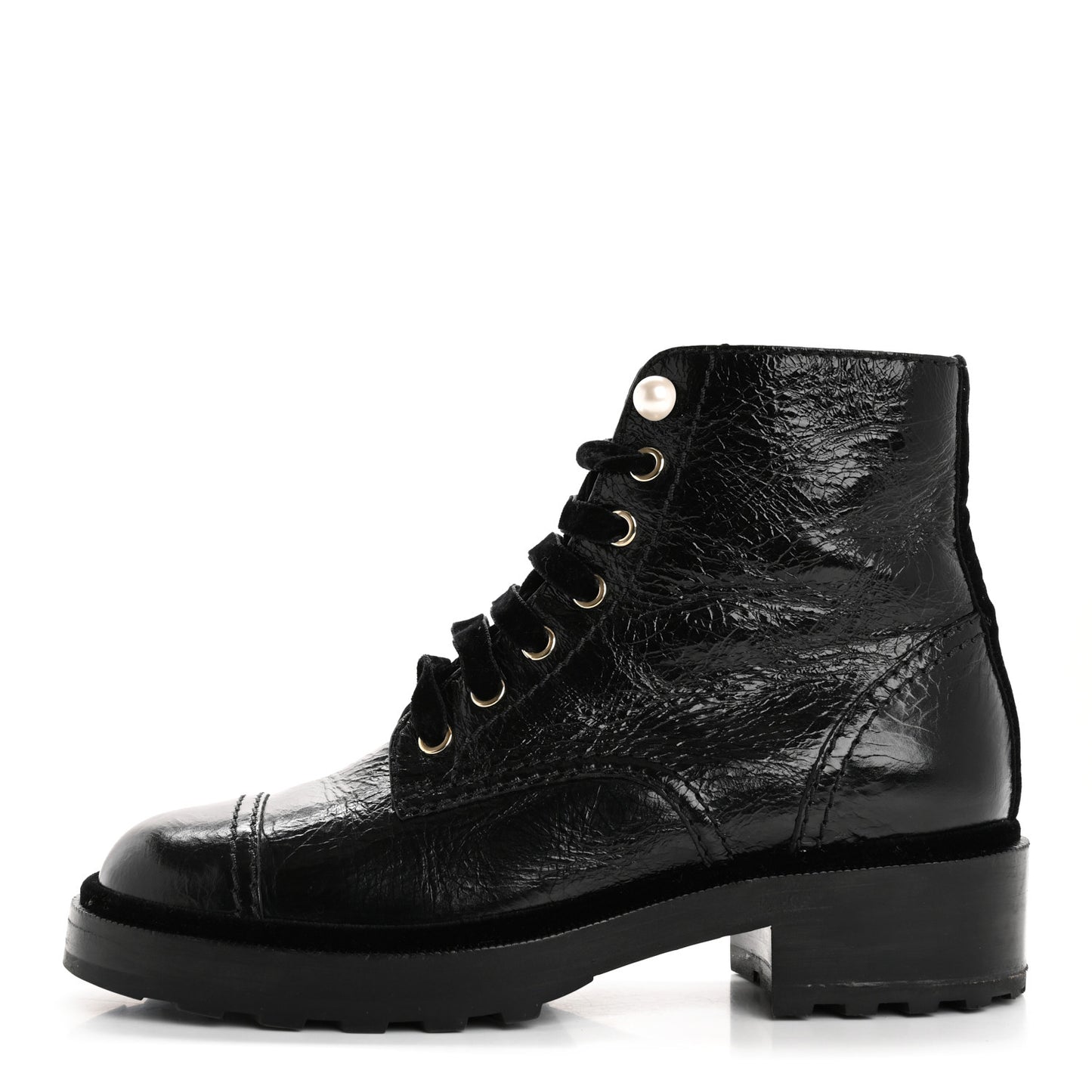 Shiny Calfskin Velvet Pearl Combat Short Boots 37.5 Black