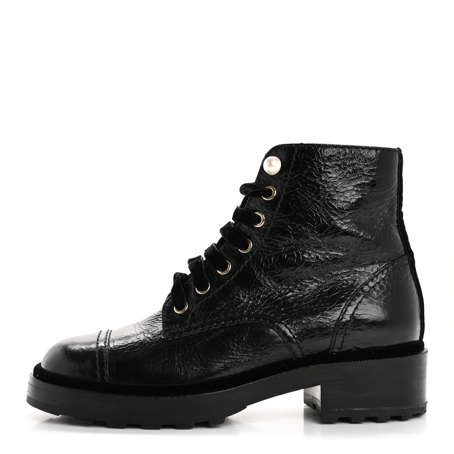 Chanel Shiny Calfskin Velvet Pearl Combat Short Boots 37.5 Black 1 of 13