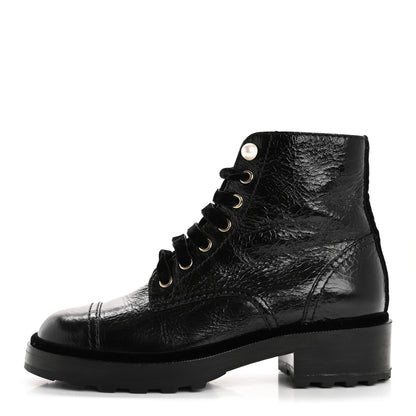 Chanel Shiny Calfskin Velvet Pearl Combat Short Boots 37.5 Black 1 of 13