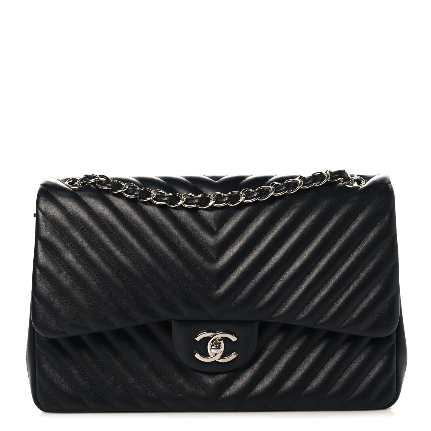 Lambskin Chevron Quilted Jumbo Double Flap Black