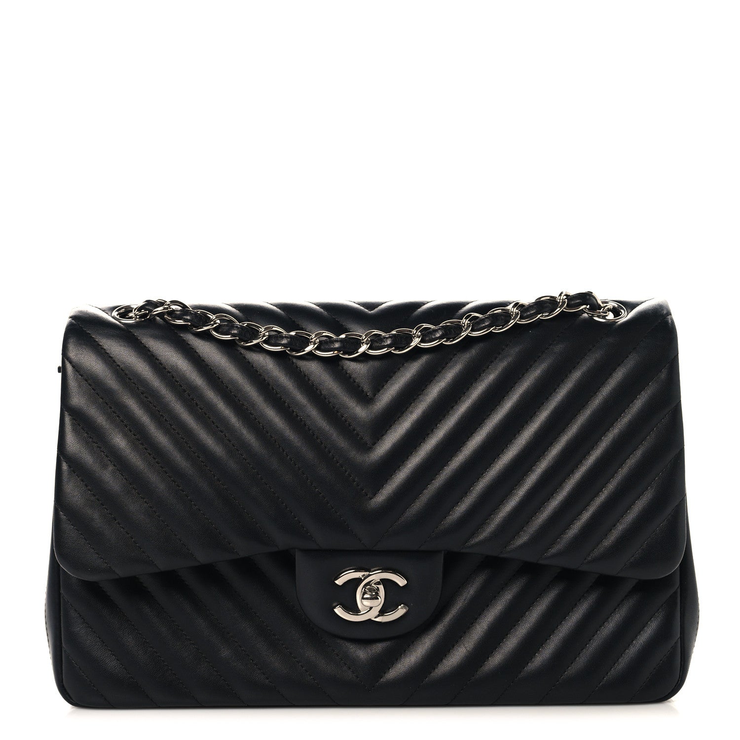 Chanel Lambskin Chevron Quilted Jumbo Double Flap Black 1 of 10