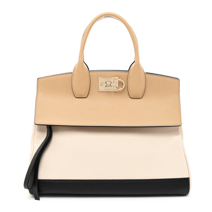 Salvatore Ferragamo Calfskin Large Studio Bag Dune Bone Black 1 of 9