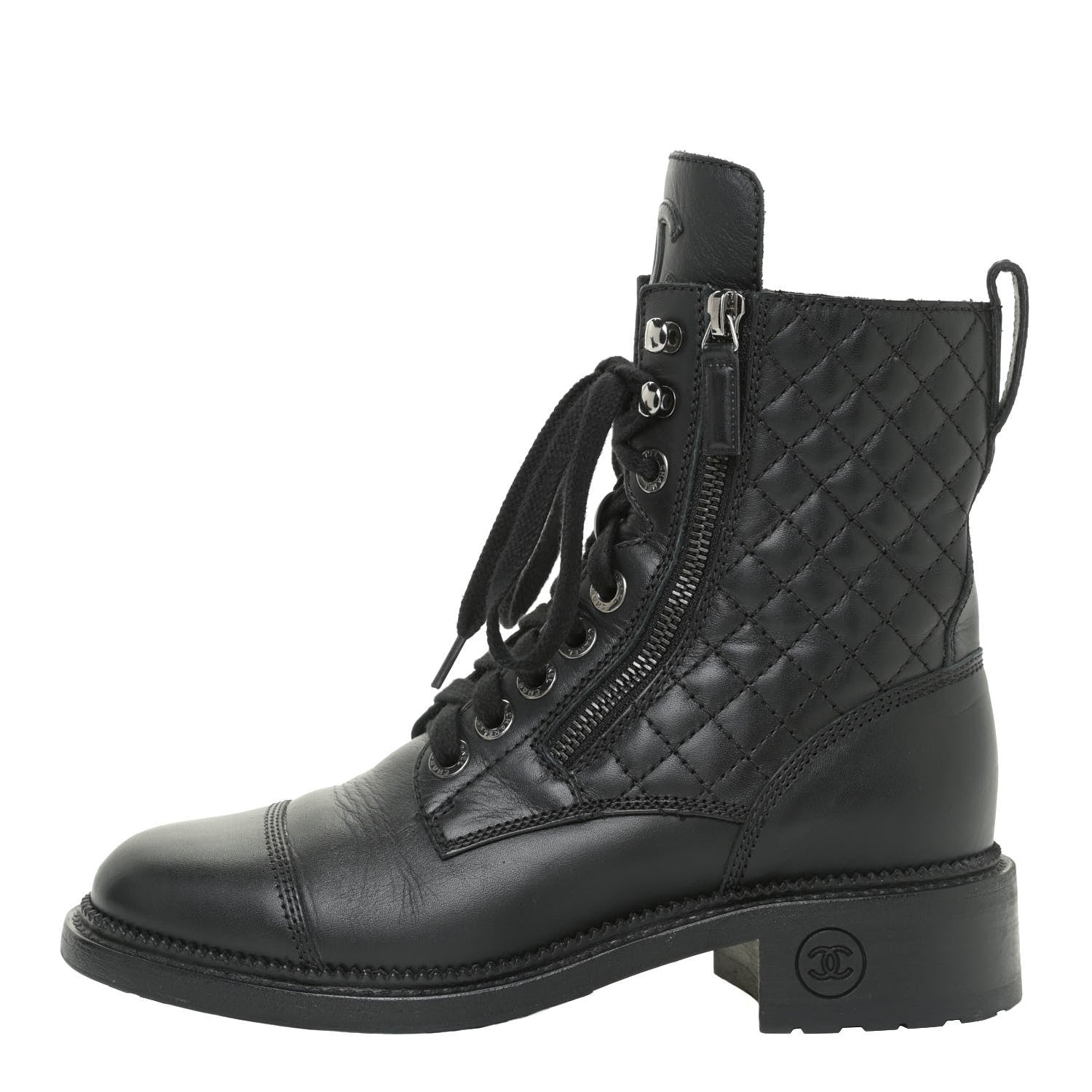 Chanel Calfskin Quilted Lace Up Combat Boots 37 Black 1 of 13
