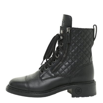 Chanel Calfskin Quilted Lace Up Combat Boots 37 Black 1 of 13