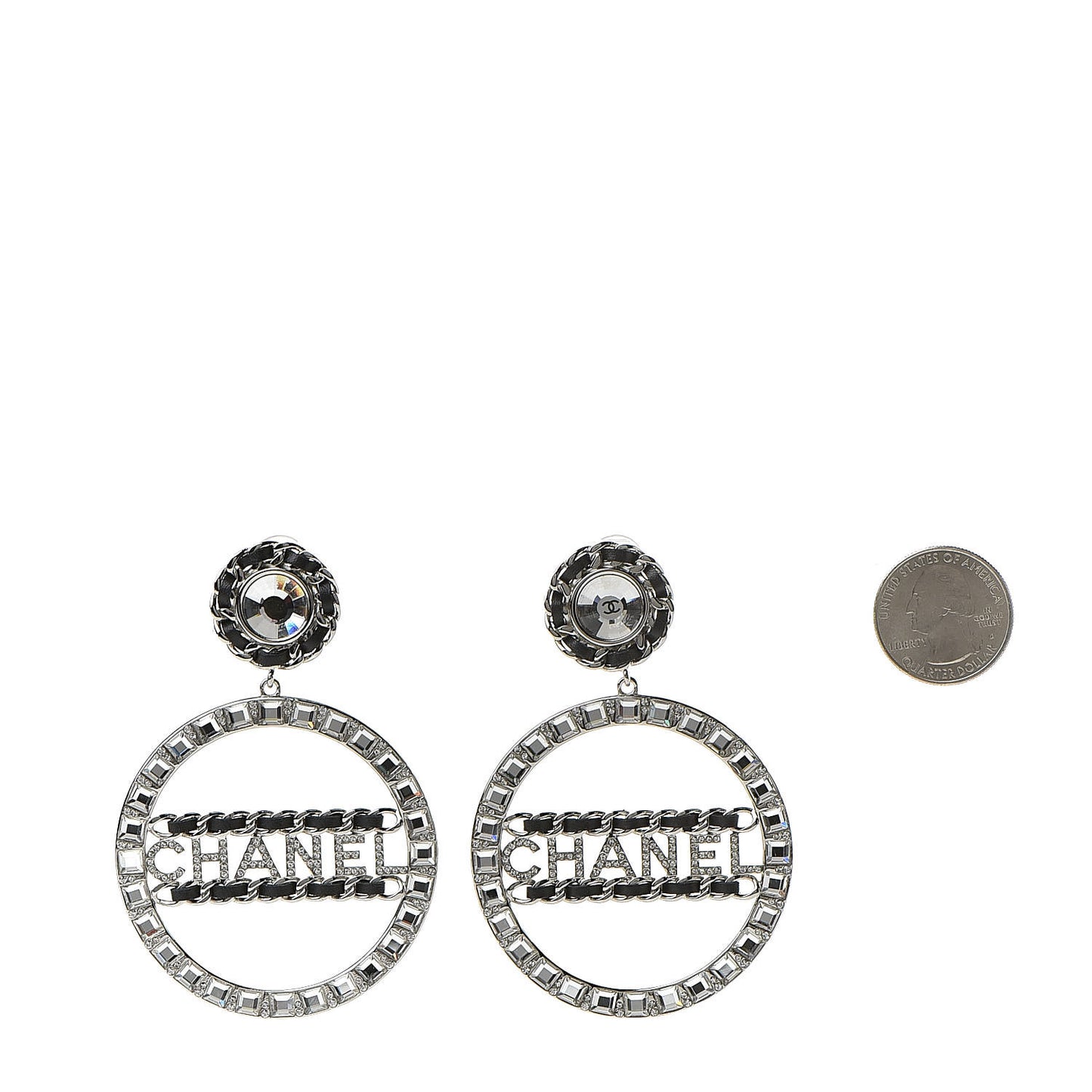Crystal Lambskin Chain CC Hoop Clip On Earrings Black Silver