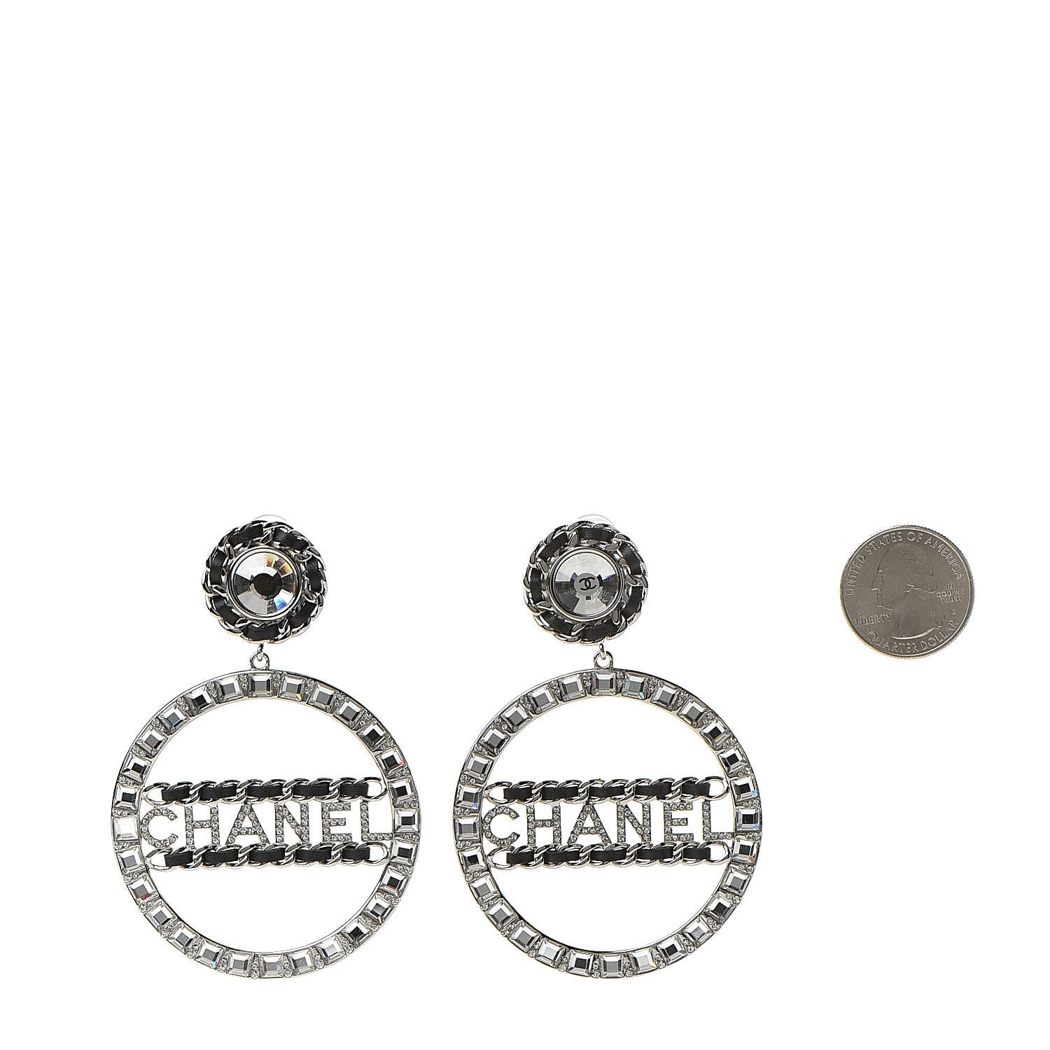 Chanel Crystal Lambskin Chain CC Hoop Clip On Earrings Black Silver 2 of 4