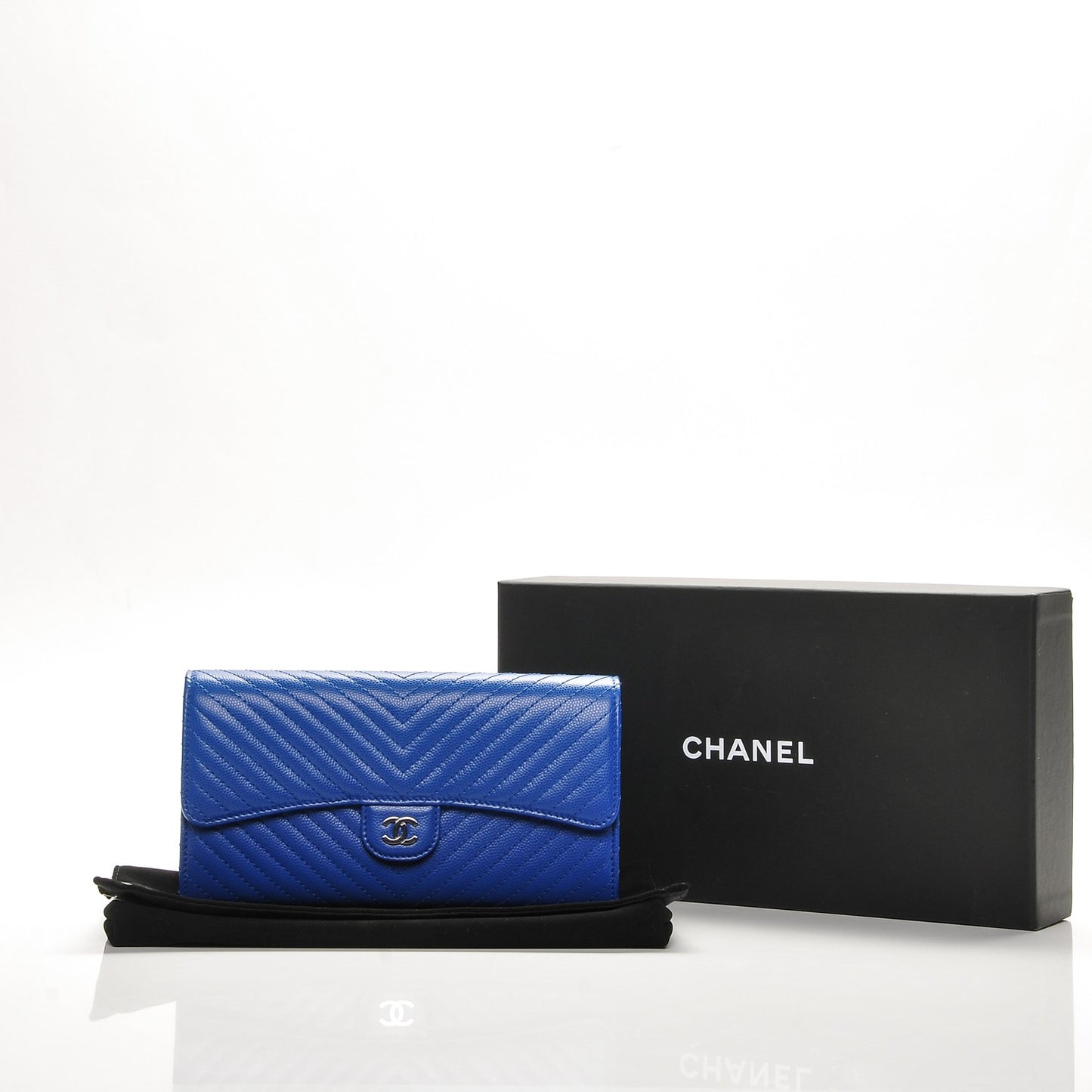Caviar Chevron Quilted Large Flap Wallet Bright Blue