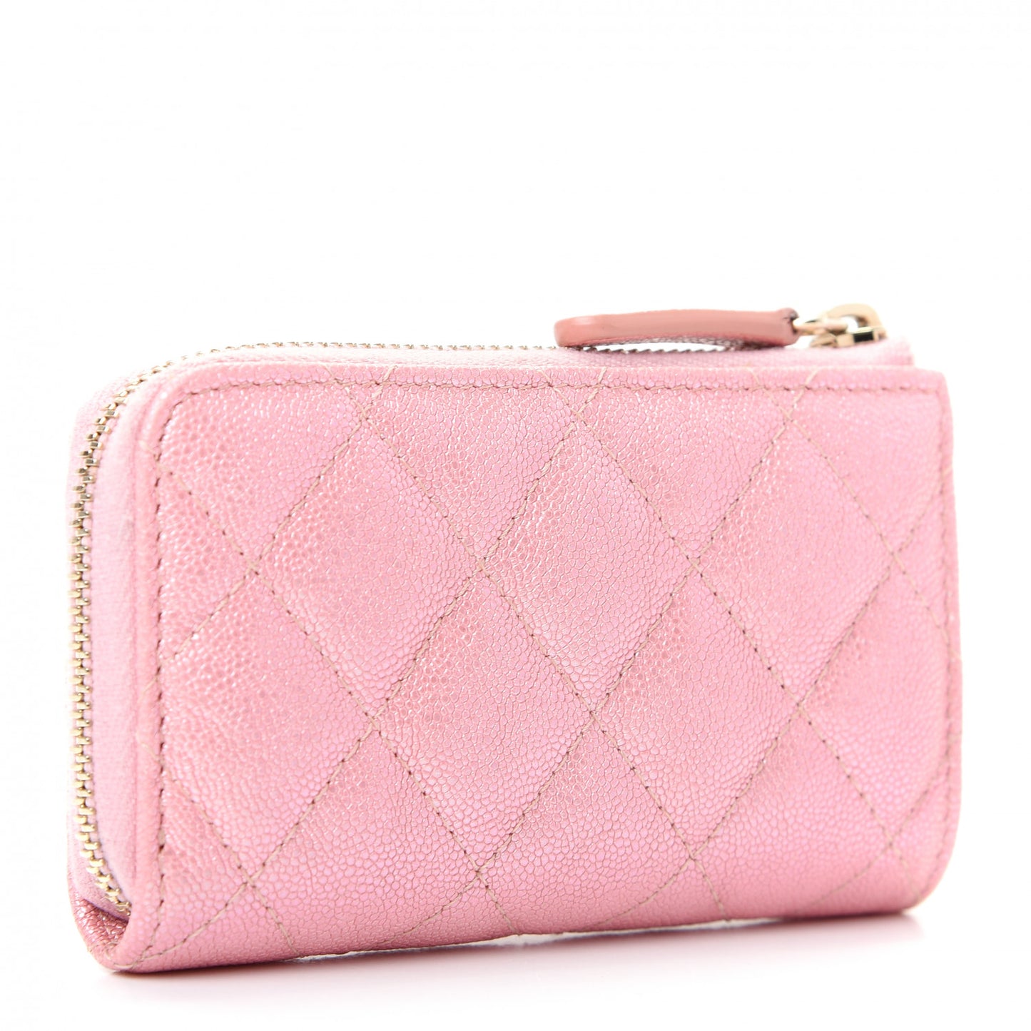 Iridescent Caviar Quilted Zipped Key Holder Case Rose Pink